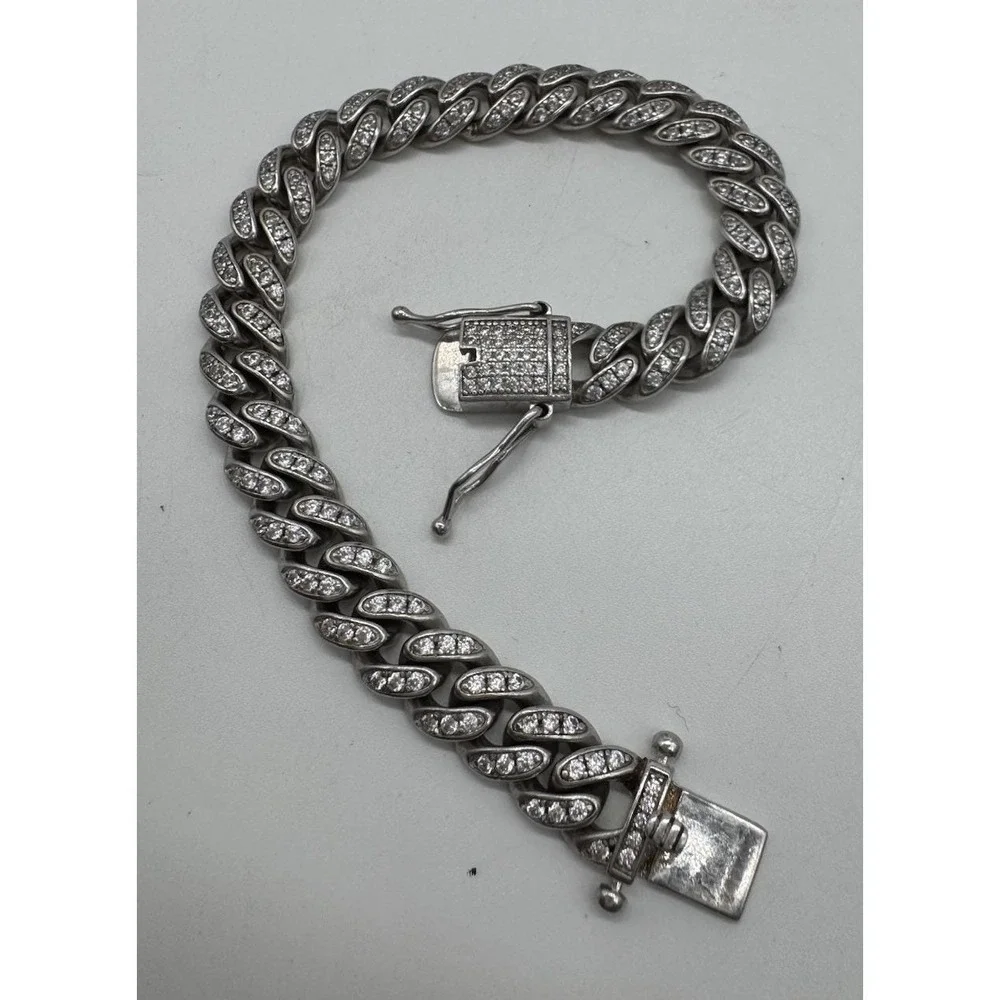 925 Sterling Silver Iced Out Cuban Link Bracelet 10mm Curb Chain 8 Inch